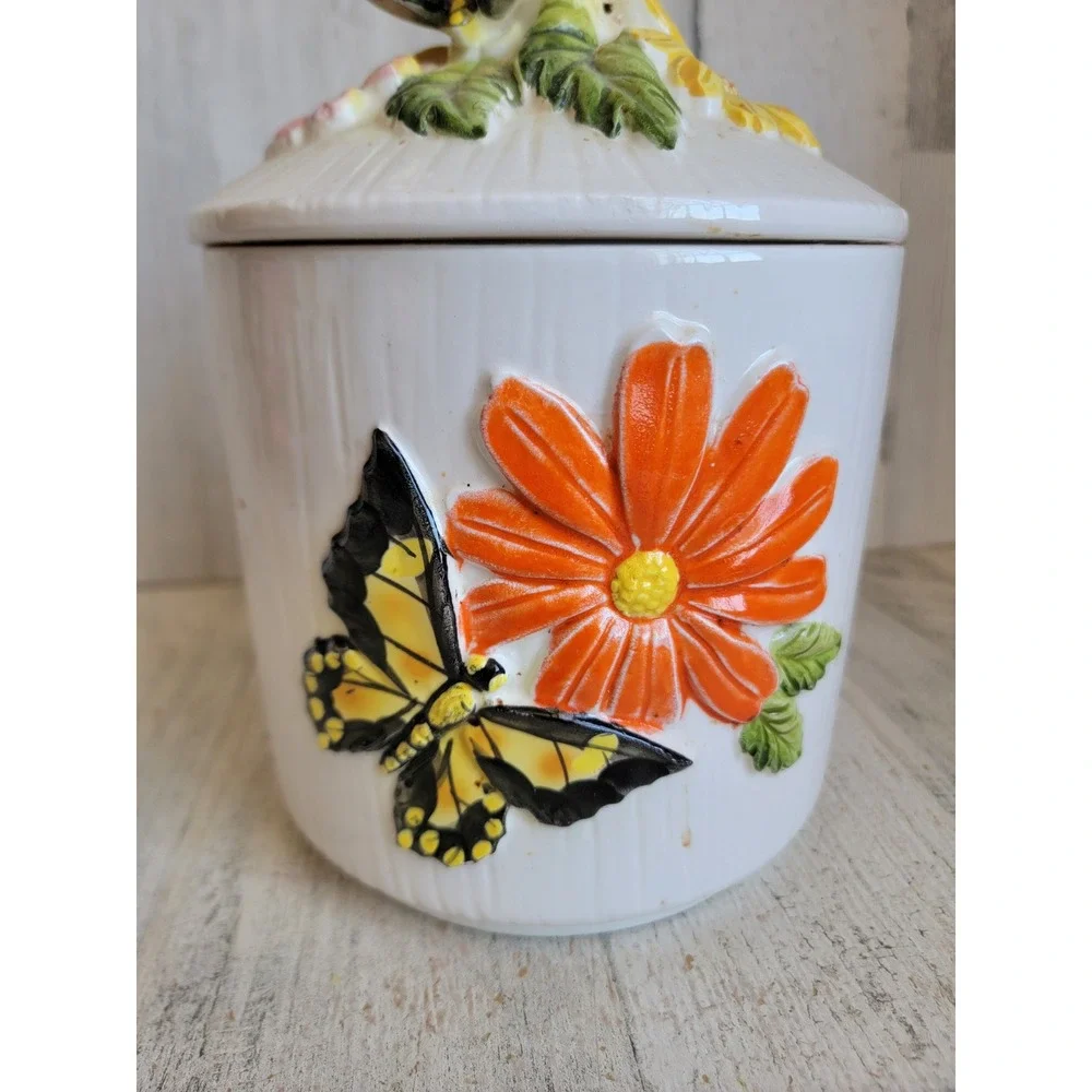 Vintage 3D butterfly kitchen canister jar unique floral home decor lidded - Picture 2 of 14